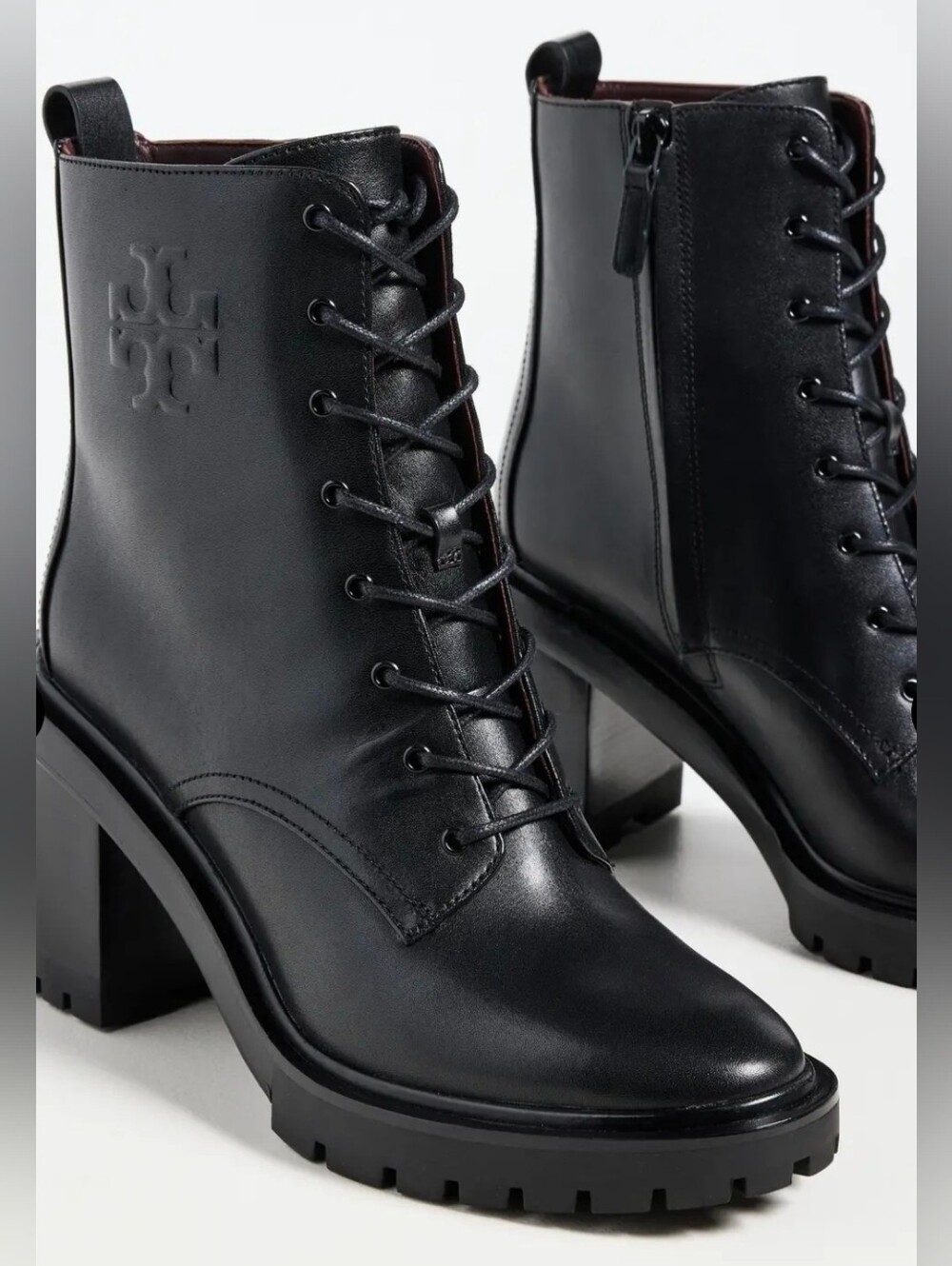 Tory Burch Double T Leather Lace-Up Lug Sole Block Heel Size 10.5
